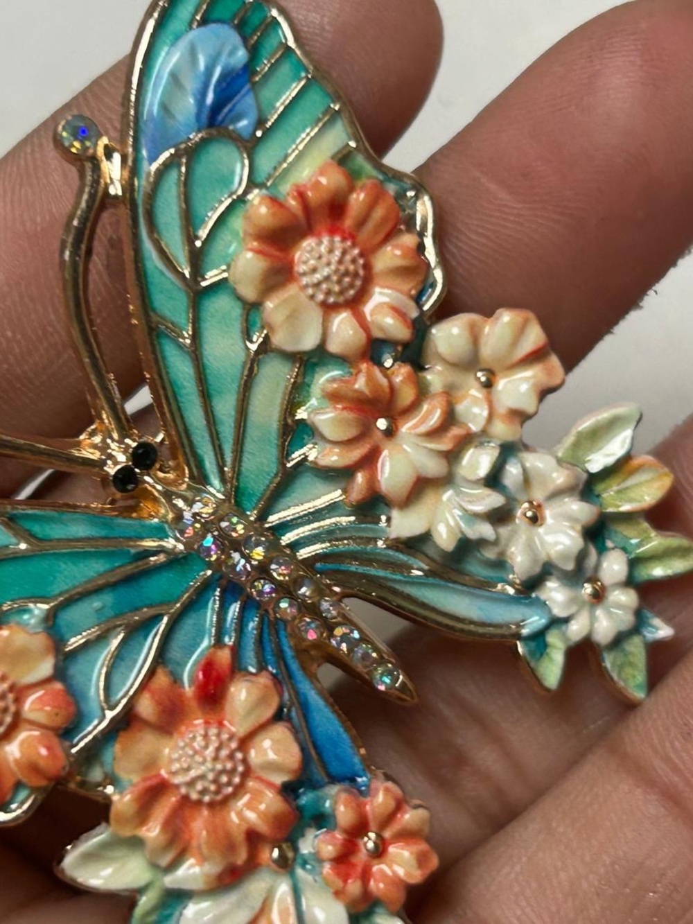 Turquoise Floral Butterfly Brooch Necklace - Unbranded